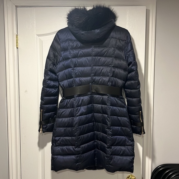 Navy Blue with light gold trim and Black Belt on waist and cuffs. Black Faux fur - Picture 2 of 9